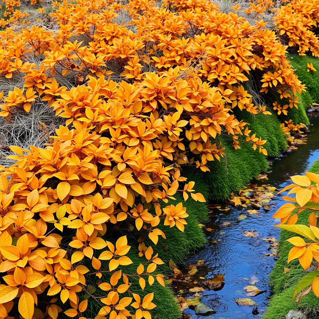 Mediterranean vegetation in autumn with many orange leaves, along a stream.