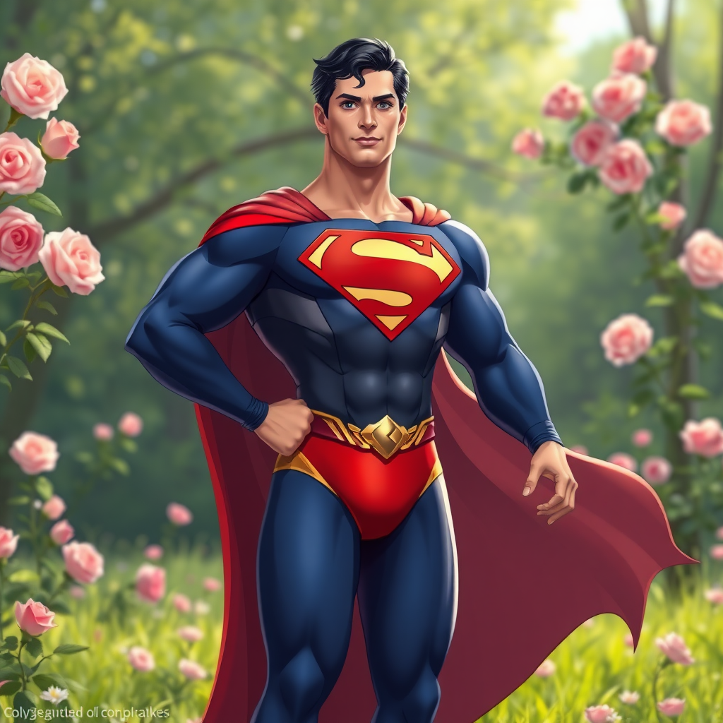 ## Generate a full-length image of a character combining Superman and Princess Aurora:

**Character:** Superman with the body traits of Princess Aurora. Modify body shape, especially emphasizing the torso, but retain Superman's classic costume. Incorporate embellishments and elements from Princess Aurora's clothing, like a flowing cape or golden accents.

**Background:** An idyllic meadow with blooming roses, drawing inspiration from Princess Aurora's forest home.

**Note:** Keep the overall image bright and vibrant, maintaining a heroic and inspiring tone.