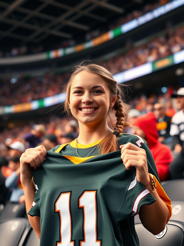 Attractive female NFL fan, pigtail hair, enthusiastic, inside crowded bleacher row, holding a spare jersey, NFL stadium