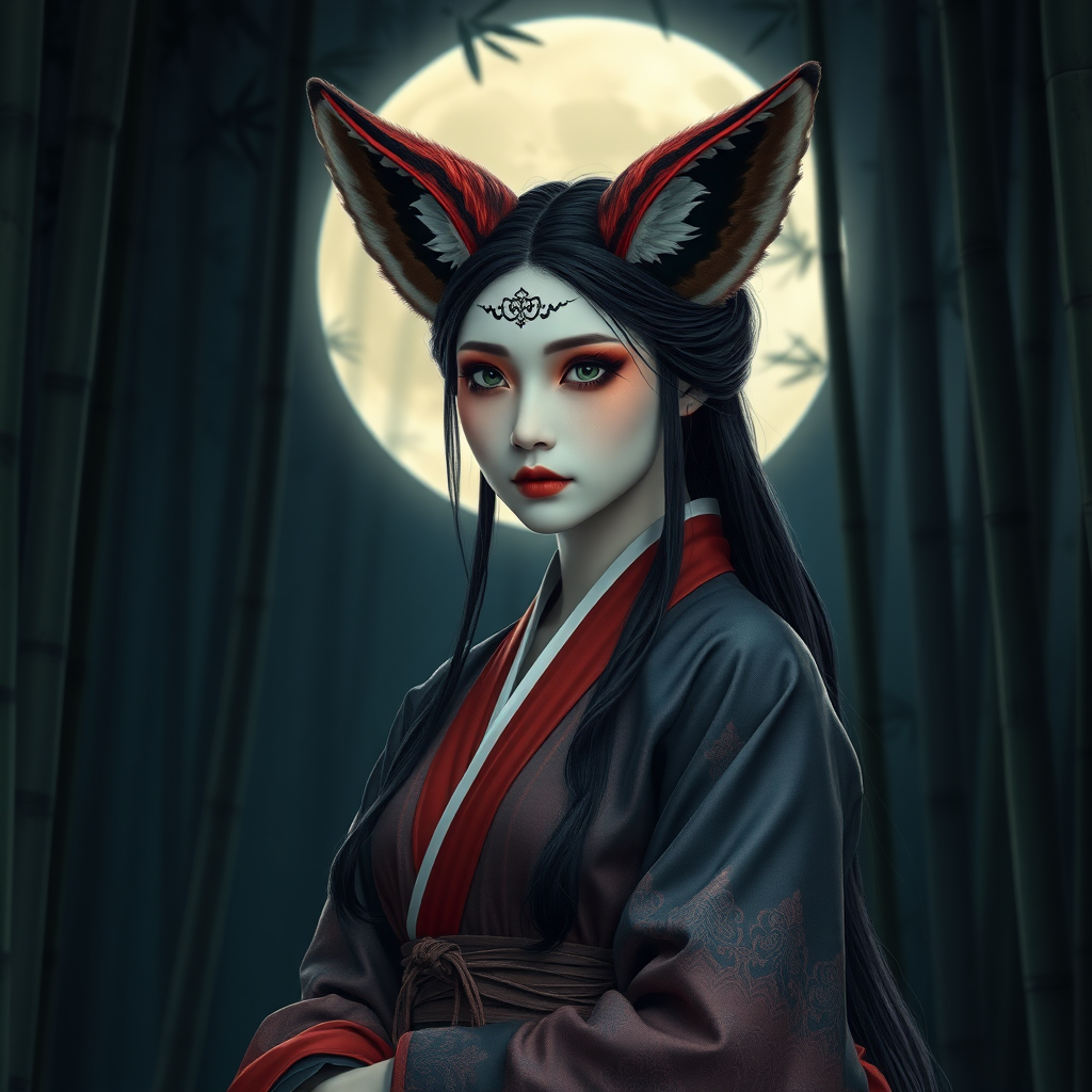 A Korean eerie-looking fox woman in an ancient Hanbok in front of the full moon in a bamboo forest.