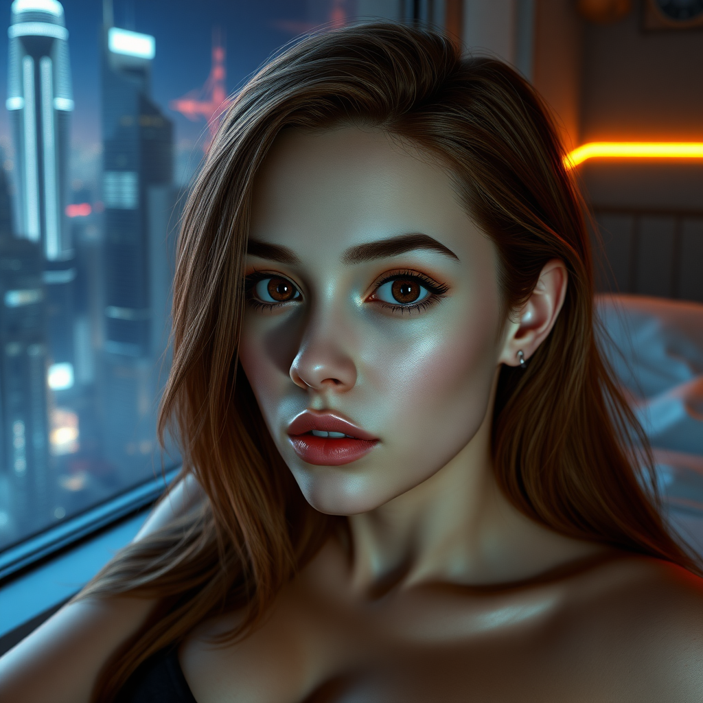 20 year old woman, pale skin, big brown eyes, brown hair blond highlights underneath, cybernetic implants, laying on a bed, window view of a futuristic high rise cityscape, dim neon lighting, 2.5D model