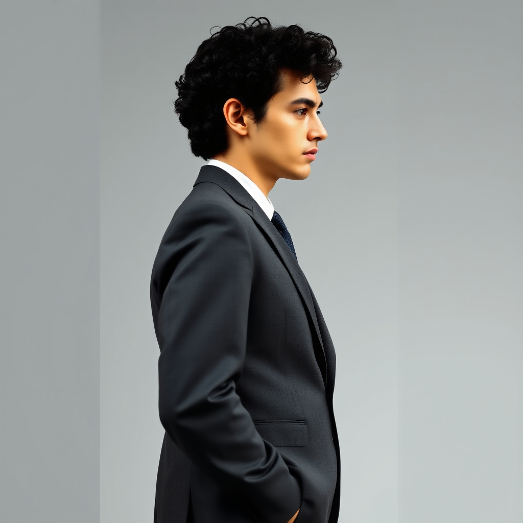 Tall male model in profile, dressed in an elegant suit, long trousers, patent shoes, curly black hair, oval face, small nose, brown eyes, thin lips, normal attached ears, slight double chin, Mediterranean complexion, very thin brown eyebrows.