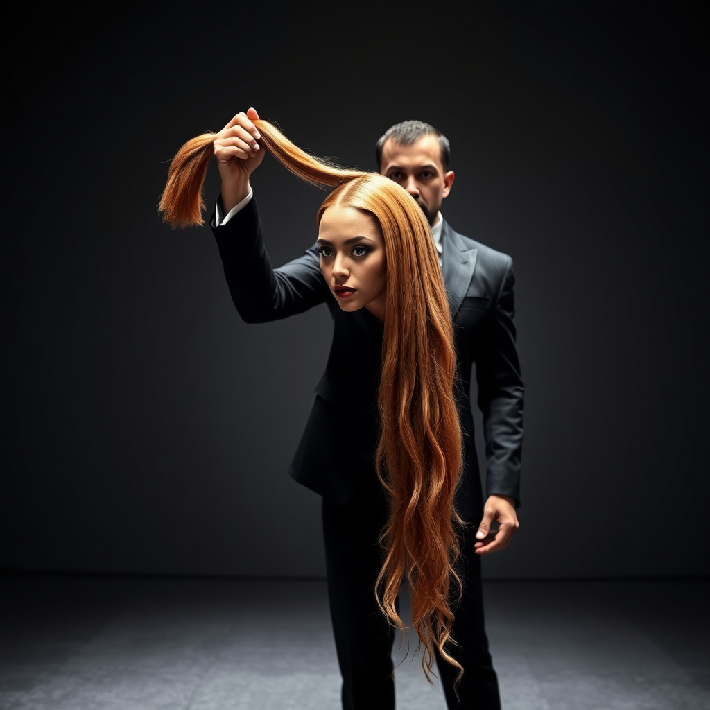 In a well lit performance space, a magician dressed in a sleek, tailored black suit stands center stage, exuding an air of mystery and theatrical flair. The atmosphere is thick with anticipation, as the audience holds their breath, captivated by the illusion about to unfold. The magician dramatically reaches into the shadows and, with a flourish of his hand, pulls forth the severed head of a strikingly beautiful Beyonce, her long, cascading hair shimmering like silk and flowing down in an ethereal cascade.

Her lifeless gaze seems to flicker with a haunting enchantment, the vibrant color of her hair contrasting sharply against the stark, plain gray background that envelops the scene in an eerie calm. The magician grips her long, luxurious hair firmly, lifting her head to the camera, showcasing the intricate details of her pale skin, perfect porcelain features, and subtly painted lips. The juxtaposition of life and death creates a chilling yet mesmerizing effect, stimulating both curiosity and disbelief among the audience.

The room is filled with a tense stillness, the silence punctuated only by the soft whisper of fabric as the magician's fingers brush over the strands of hair, showcasing the surreal nature of the trick. Soft spotlighting highlights the magician’s intense expression, adding an ominous tone to the performance, as if he is in complete control of not only the illusion but the very essence of life itself. The minimalist decor enhances the focus on the central display, allowing the unsettling yet captivating image to linger in the minds of all who witness this bold act of theatrical illusion.