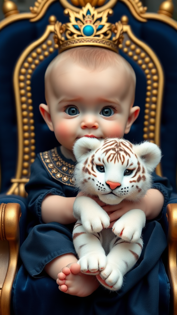 A cute small chubby fair baby with big eyes, pink lips, and pink cheeks, wearing a royal dark blue frock, sitting on a navy blue throne, holding a white fluffy cute tiger.