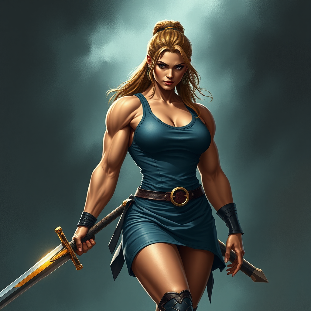 strong massive huge muscular bodybuilder girl, sleeveless dress, sword