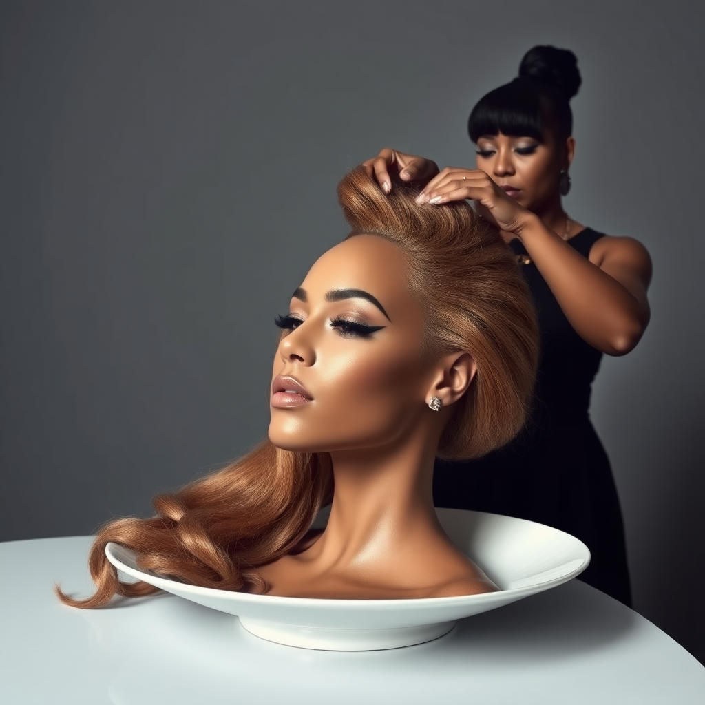 In a surreal and provocative scene, a beautifully tethered, disembodied head of Beyoncé rests gracefully on an elegant porcelain plate, her long, luxurious hair cascading like a waterfall of silky strands around the edges, creating a striking contrast against the stark, muted gray background. The sheen of her skin glows softly, exuding an air of ethereal beauty, while her chin rests delicately on the plate, poised and serene. Behind her, a skilled hairdresser, clad in chic black attire, stands with a focused expression, gently teasing and arranging her magnificent hair with nimble fingers, creating intricate patterns that defy gravity. The atmosphere is oddly intimate yet surreal, blending an appreciation of beauty with an unsettling twist, as soft light casts subtle shadows, enhancing the textures of both hair and porcelain. The air is filled with a quiet stillness, broken only by the subtle sound of the hairdresser’s scissors snipping rhythmically and the faint fragrance of hair products mingling with the cool air, heightening the unusual but captivating atmosphere of the scene.