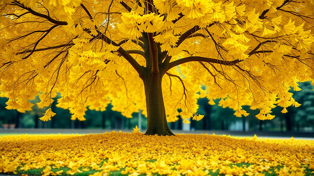 A realistic yellow ginkgo tree, the layout features a large yellow ginkgo tree and below it are fallen ginkgo leaves, with the background expressed in out-focusing.