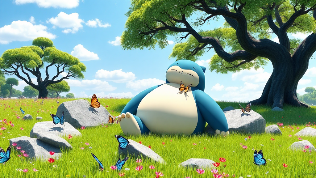 A digital illustration in a 3D rendering style depicts a serene and relaxing scene set in a lush meadow under a bright blue sky with scattered white clouds. The central figure is Snorlax, a large, blue and white Pokémon character with a round body, closed eyes, and a content expression, sitting comfortably among rocks in a vibrant green grassy field. Snorlax's body is curved, and it rests its head on one of the gray rocks, with sunlight creating shadows on its rounded belly. Its arms and legs are spread out, with lighter beige fur visible on its paws. The meadow is scattered with small, colorful flowers in shades of pink, purple, and blue, creating a tapestry of colors across the landscape. Several butterflies of various sizes and colors, including blue, yellow, pink, and light green, are seen fluttering around Snorlax and resting on the rocks and grass. One butterfly is perched on Snorlax's head, while another is on its belly. The background features two large trees with thick, dark brown trunks and branches extending overhead, their leaves depicted in various shades of forest green, creating a canopy of shade. The sky above is clear and light blue, with soft, white clouds. The scene is brightly lit by natural sunlight, casting soft shadows and highlighting the vibrant colors of the landscape. The overall mood is peaceful and idyllic, enhanced by the high contrast, saturation, luminance, and the balanced exposure of the image. The composition follows the rule of thirds, with Snorlax placed slightly off-center to the left, creating a harmonious and visually appealing image that captures the essence of a tranquil moment in nature.