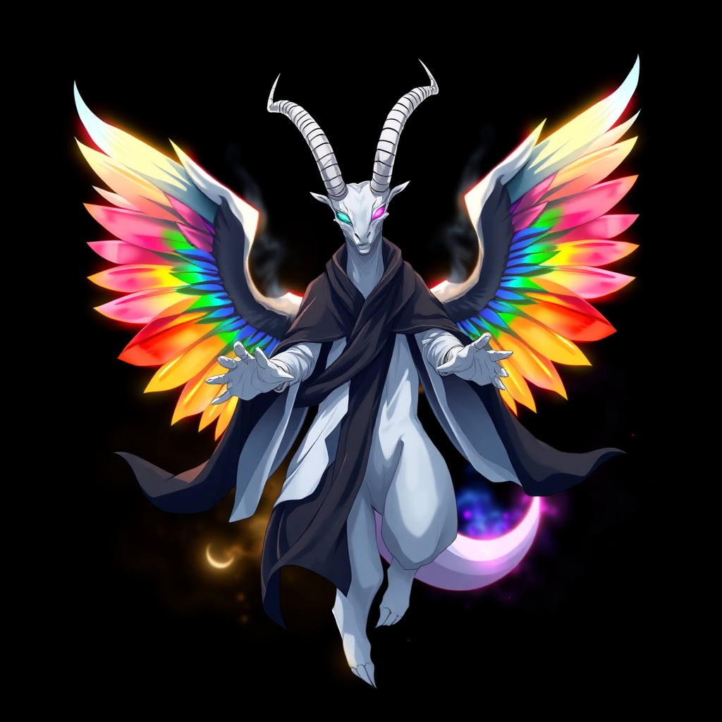 In an anime-styled artwork set against a deep black background, a towering humanoid figure reminiscent of a tall, white reptilian goat god commands attention. Its striking rainbow-colored eyes shimmer with an ethereal light, framed by two majestic white goat horns that curve elegantly from its head. Draped in flowing black and white robes that ripple like smoke, the figure exudes an air of mystique and power. Surrounding its form is a chaotic, radiant aura that shifts through the colors of the rainbow, creating a mesmerizing spectacle.

Three magnificent angelic wings, each a vibrant blend of rainbow hues, unfurl gracefully from its back, their feathers shimmering with an otherworldly glow. With hands outstretched as if inviting connection, the figure floats serenely in the void, its gaze locking onto the viewer with an intense, otherworldly presence that captivates and enchants.