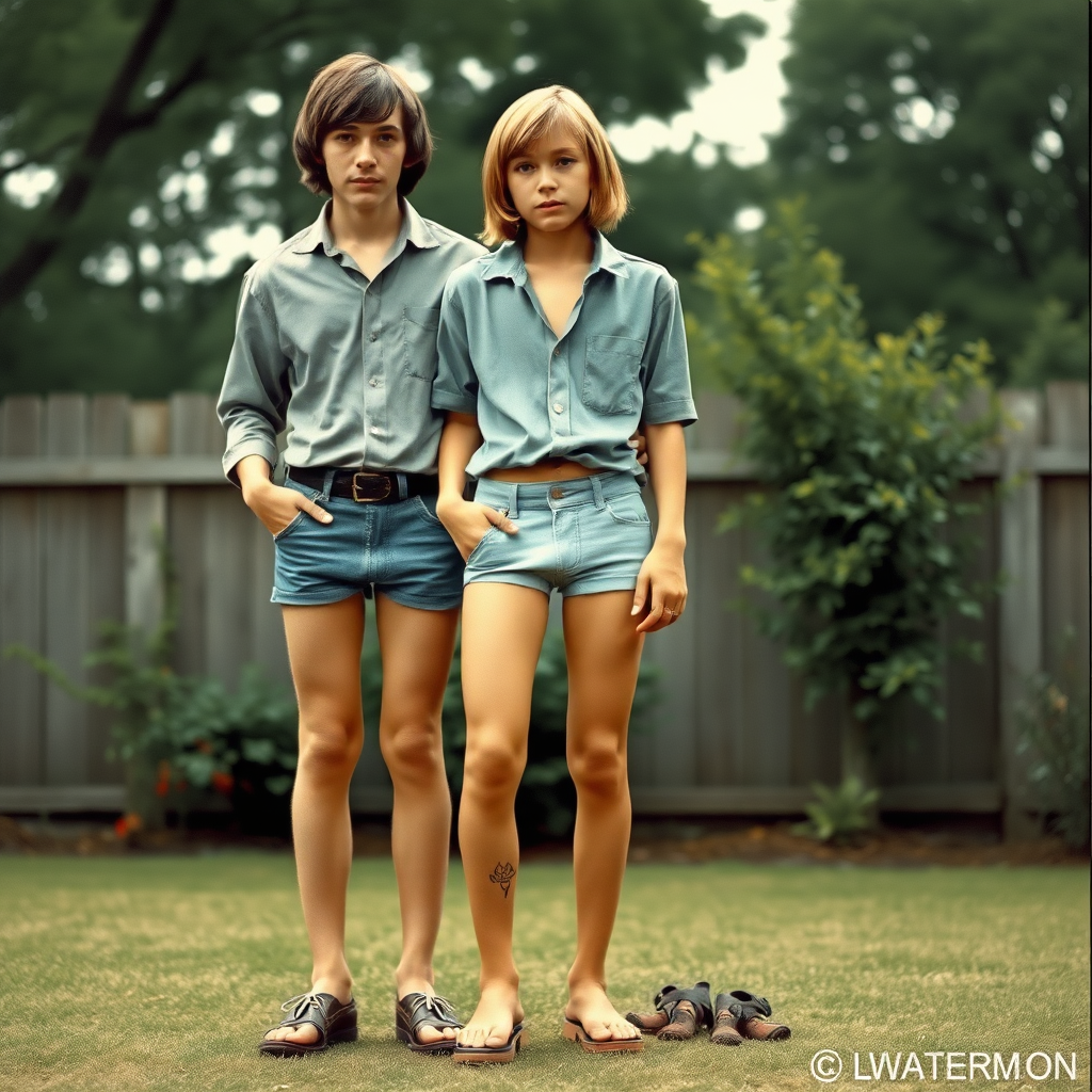 tall 12yo teen boy, long hair bob cut, wearing shirt and very tight booty shorts, long legs, narrow thighs, full-length front view. with father wearing shirt, long jeans, shoes. 1970s. At backyard. photorealistic, ultra high resolution, 16K, Negative: grainy, blurry, bad anatomy, extra limbs, watermark.