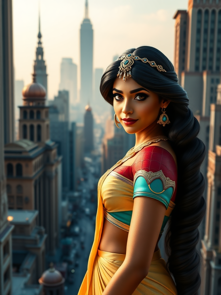 Generate a photorealistic render of Princess Jasmine with Spider-Man's body type, maintaining her head and facial features. Adjust body structure and silhouette to match Spider-Man's athletic build and male physiology. Modify Jasmine's costume to fit her new physique. Set the background in a fantastical Arabian Nights-inspired cityscape with skyscrapers and Middle Eastern architecture, with subtle hints of Marvel's New York City in the distance.