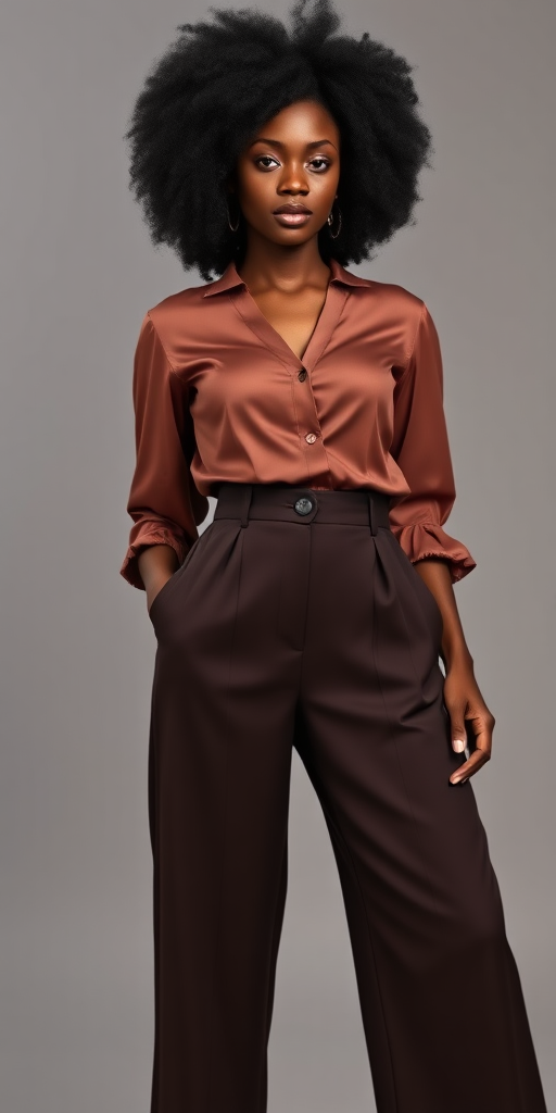 a fullbody photo of an african woman with an afro wearing a fitted blouse and high waist wide leg pants