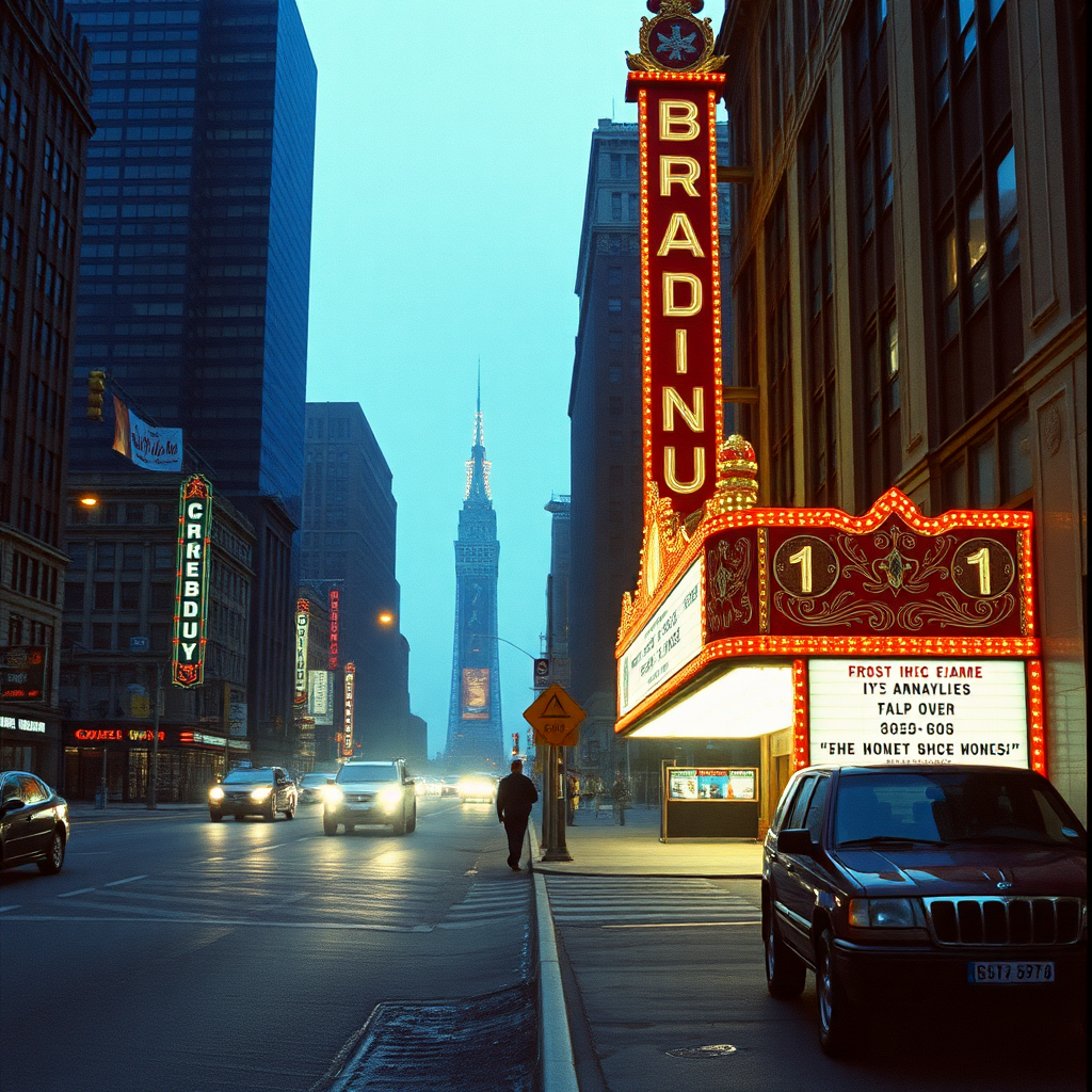 highly detailed Kodachrome color real photograph from 1974 of And the lamb lies down on Broadway  
Early morning Manhattan  
Ocean winds blow on the land  
The movie palace is now undone  
The all-night watchmen have had their fun