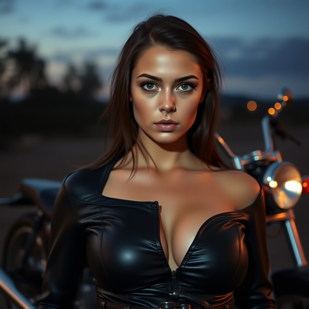 Young woman, large eyes, leather outfit with a deep neckline, large breasts, a motorcycle in the background, it is getting dark.