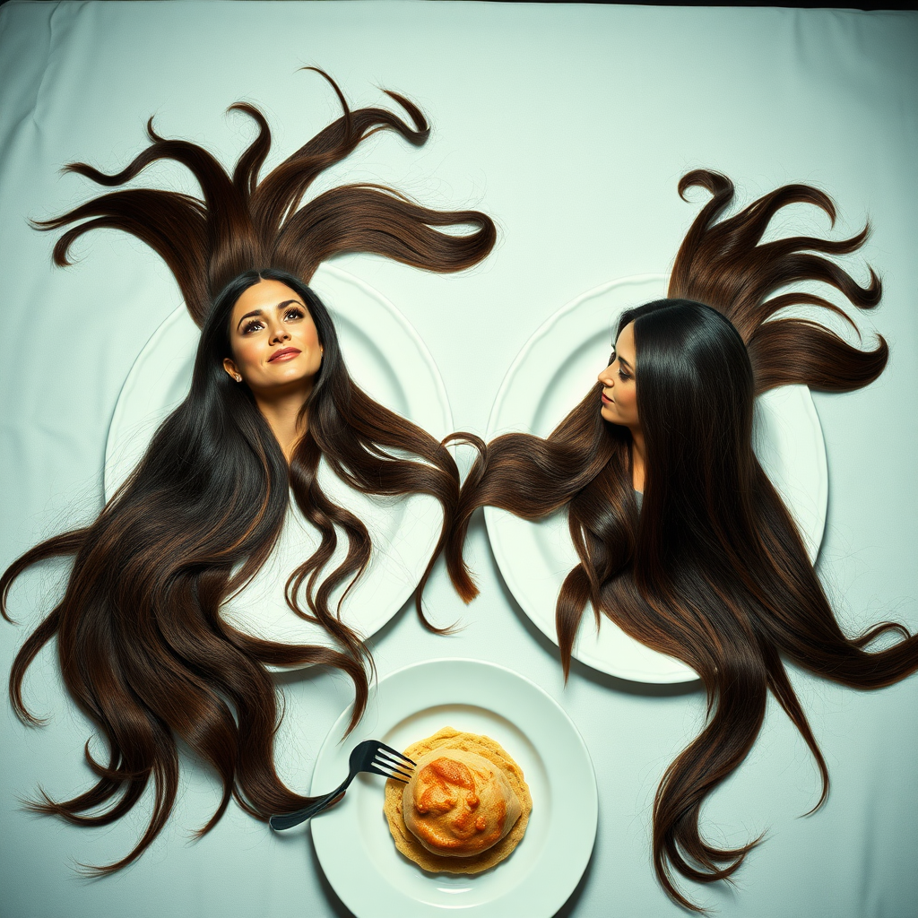 Surreal image of the disembodied heads of very long haired Meghan Markle and Kate Middleton served on plates. Their beautiful hair spread out all over the table.