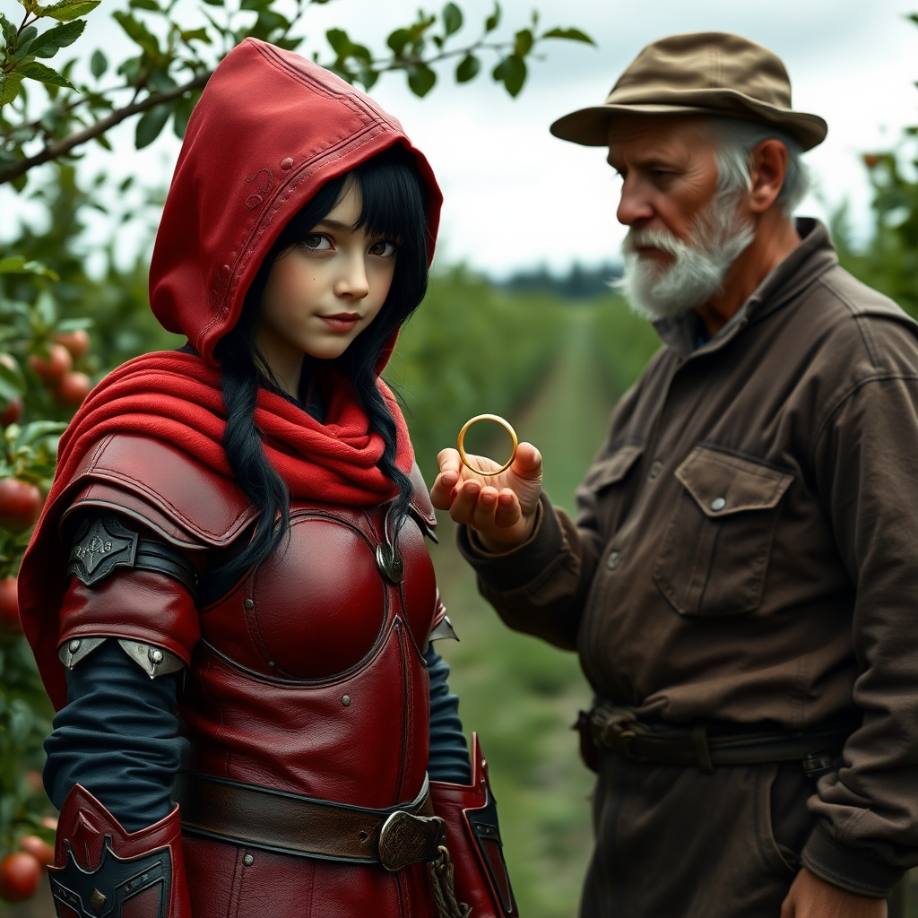 A photo realistic girl with black hair and brown eyes in red leather armor and a red hood holding up a small golden ring to an old man in dirty work clothes while standing in an apple tree orchard.