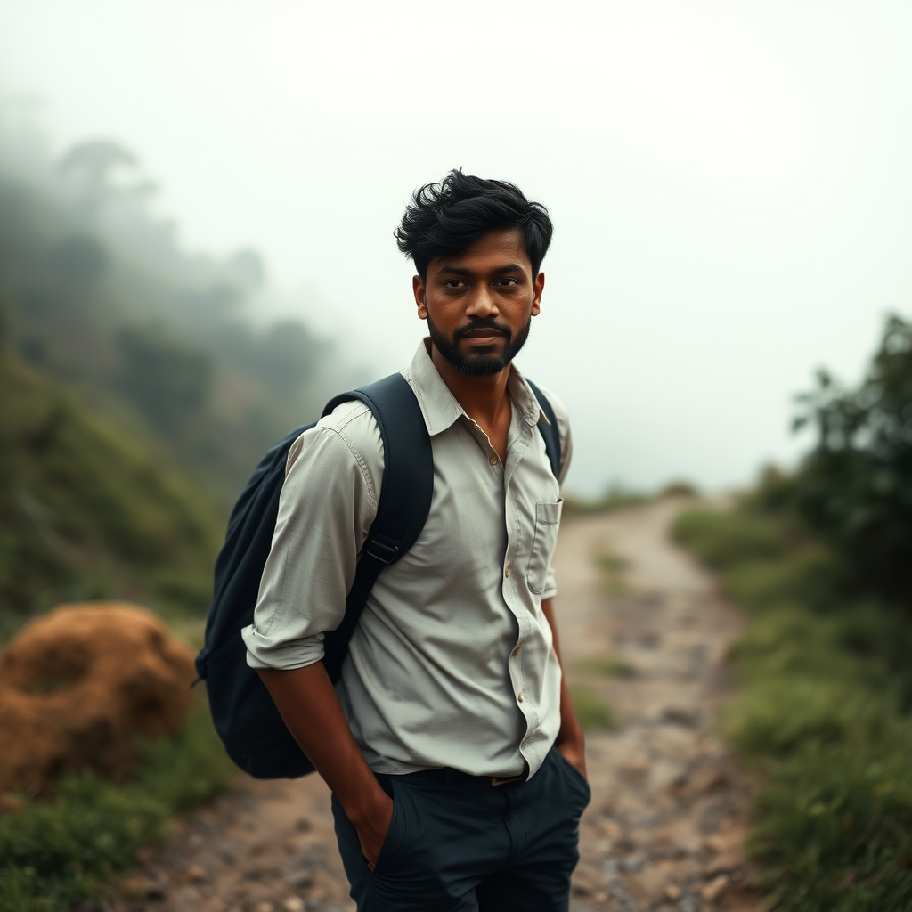 A 25-year-old Kerala man, wearing a light shirt and dark pants, walks alone on a misty mountain path. His medium brown skin glows softly in the early morning light, and his short black hair moves gently with the breeze. He has a calm, introspective expression, carrying a backpack over one shoulder. The camera captures his steady walk, focusing on his facial features and contemplative demeanor.