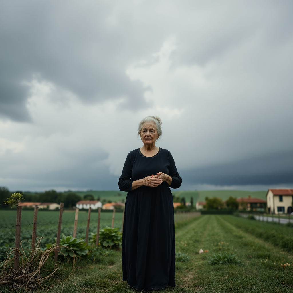 Very cloudy black sky with an elderly woman worried with a long dress and hands clasped in the Venetian countryside, hair tied up.