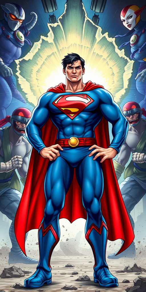 Create a full-length, highly detailed image of Superman with the body of Chun-Li, from the Street Fighter video game, standing in a dynamic battle scene. Superman, appearing surprised and bewildered, maintains his iconic red cape and "S" emblem but has Chun-Li's feminine build and blue outfit. He stands amidst an intense showdown with alien forces, the backdrop featuring a dramatic rip in the cosmic fabric of the universe. The scene should blend comic book and video game art styles, emphasizing both the chaos of battle and the character's astonishment at his transformation.