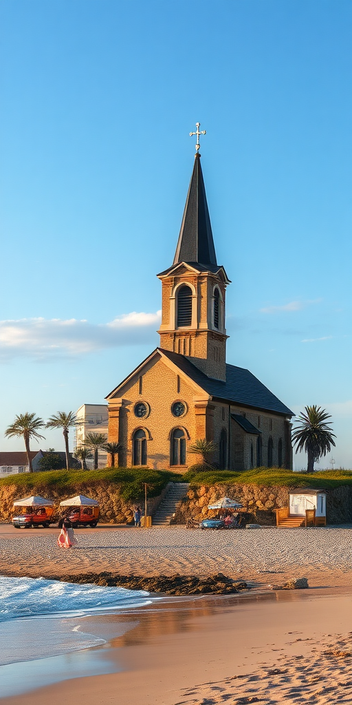 a church beside a beach