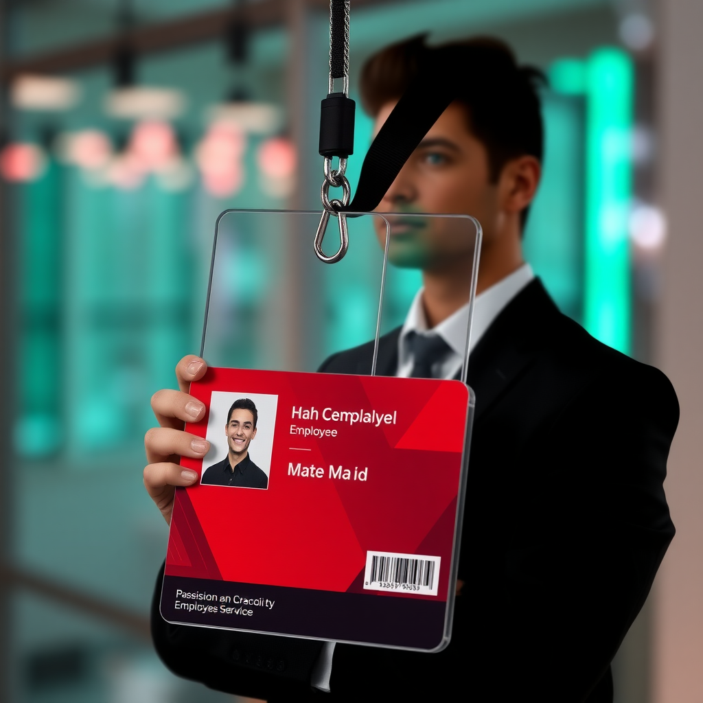 employee id card for tech company, professional themed, red and black dominant color