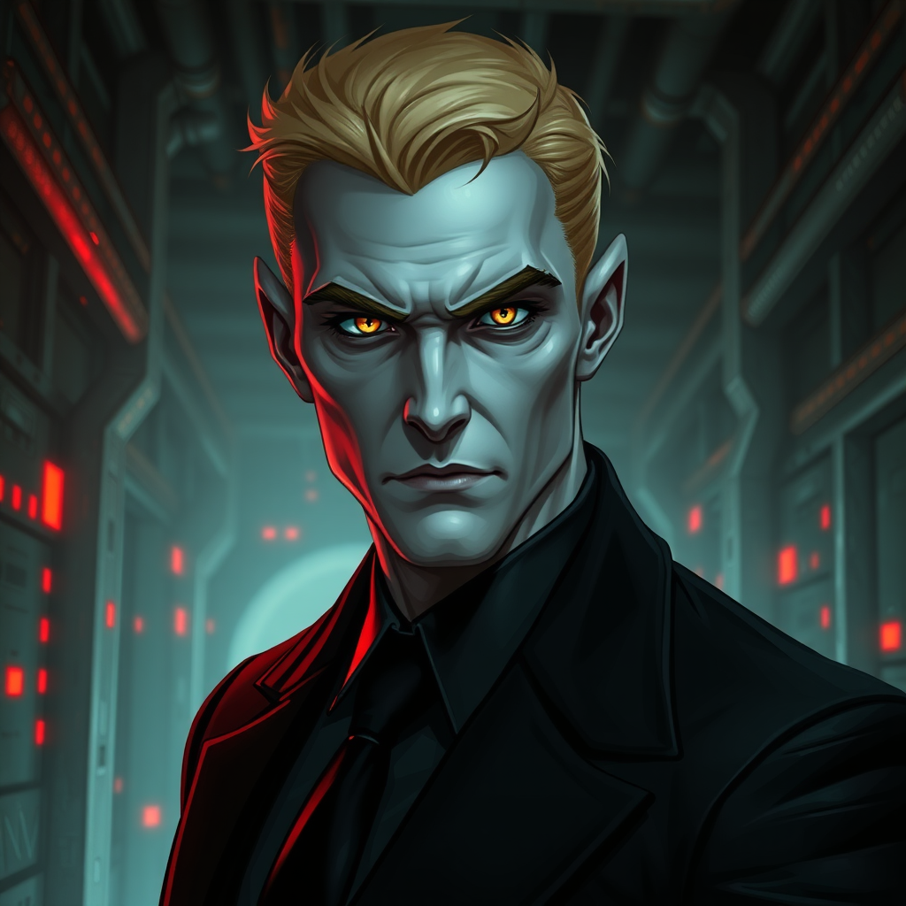 a dark and intense portrayal of the character Jackal from the Red Rising series. He is a cold, calculating figure with pale skin, sharp features, and a cruel, piercing gaze. His left arm ends at the elbow. His blonde hair is neatly styled, adding to his sense of control and menace. His pupils are gold colored. Jackal should be dressed in sleek, formal attire, hinting at his high status in the Gold society. The background should be an industrial scifi, futuristic setting, with dim, metallic tones and glowing red lights, symbolizing the dystopian world he manipulates. His expression should convey both intelligence and ruthlessness, and his body language should exude authority, as if he is always planning his next move.