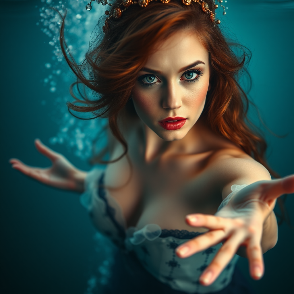 Burlesque Dancer as a mermaid underwater loose hair floating in a nimbus around her beautiful face her arms outstretched towards the viewer and she's looking down into the viewer's eyes making intense eye contact. loose fitting diaphanous. Real DSLR HD Photography. Burlesque