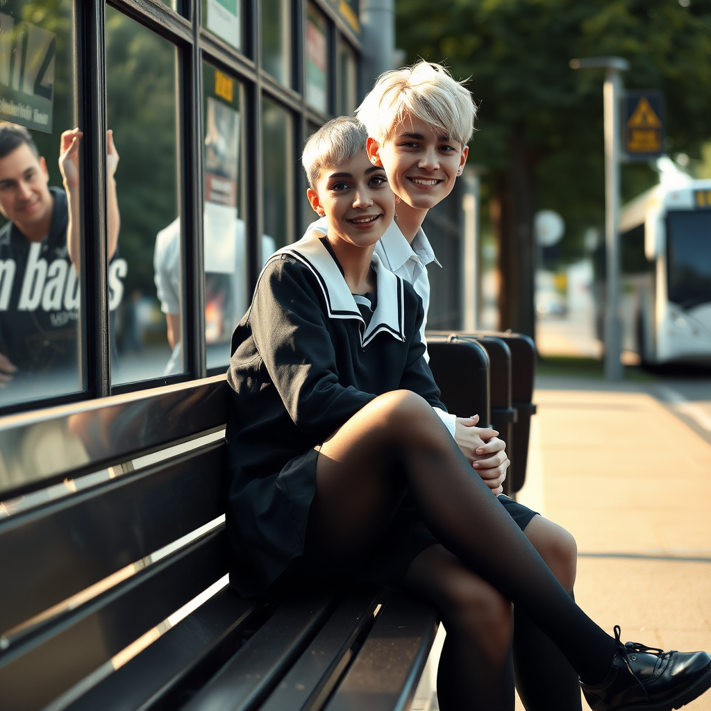 photorealistic, ultra high resolution, 16K, surreal fantasy, soft studio lighting, a pretty 18 year old goth male, slim male physique, short blonde hair, goth makeup, earrings, shiny black pantyhose, UK girls' school uniform, Mary-Jane shoes, sitting on his boyfriend's lap on a bench waiting for the school bus, in daylight, excited smile, facing the camera.