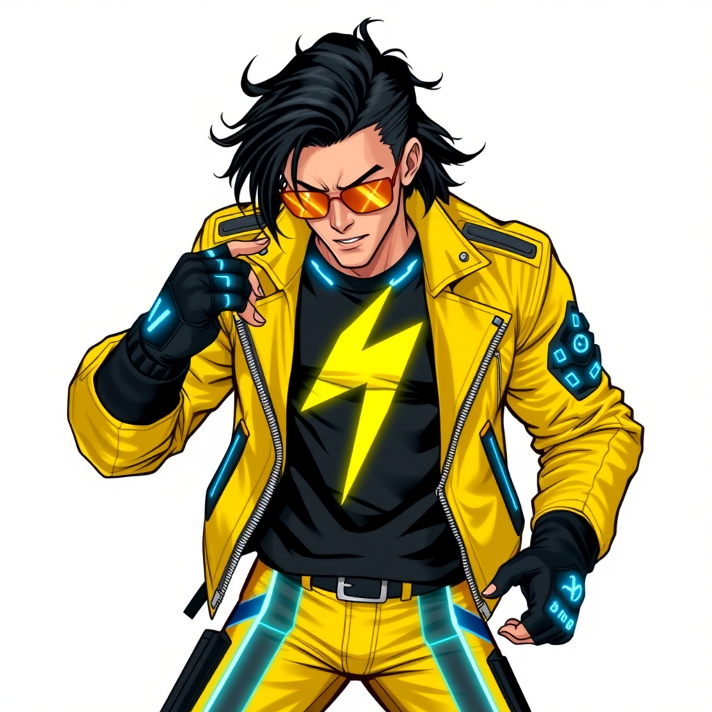 A 28-year-old electrokinetic CEO with jet-black hair, donning a maximum yellow biker jacket with intricate electric blue accents, a black t-shirt emblazoned with a maximum yellow lightning bolt symbol, and sleek, golden-lensed sunglasses. He sports matching yellow biker pants with electric blue stripes, and high-tech, fingerless gloves that generate electricity. He strikes a menacing pose against a solid white background. He is drawn as if he was in a retro 2D cyberpunk fighting game.