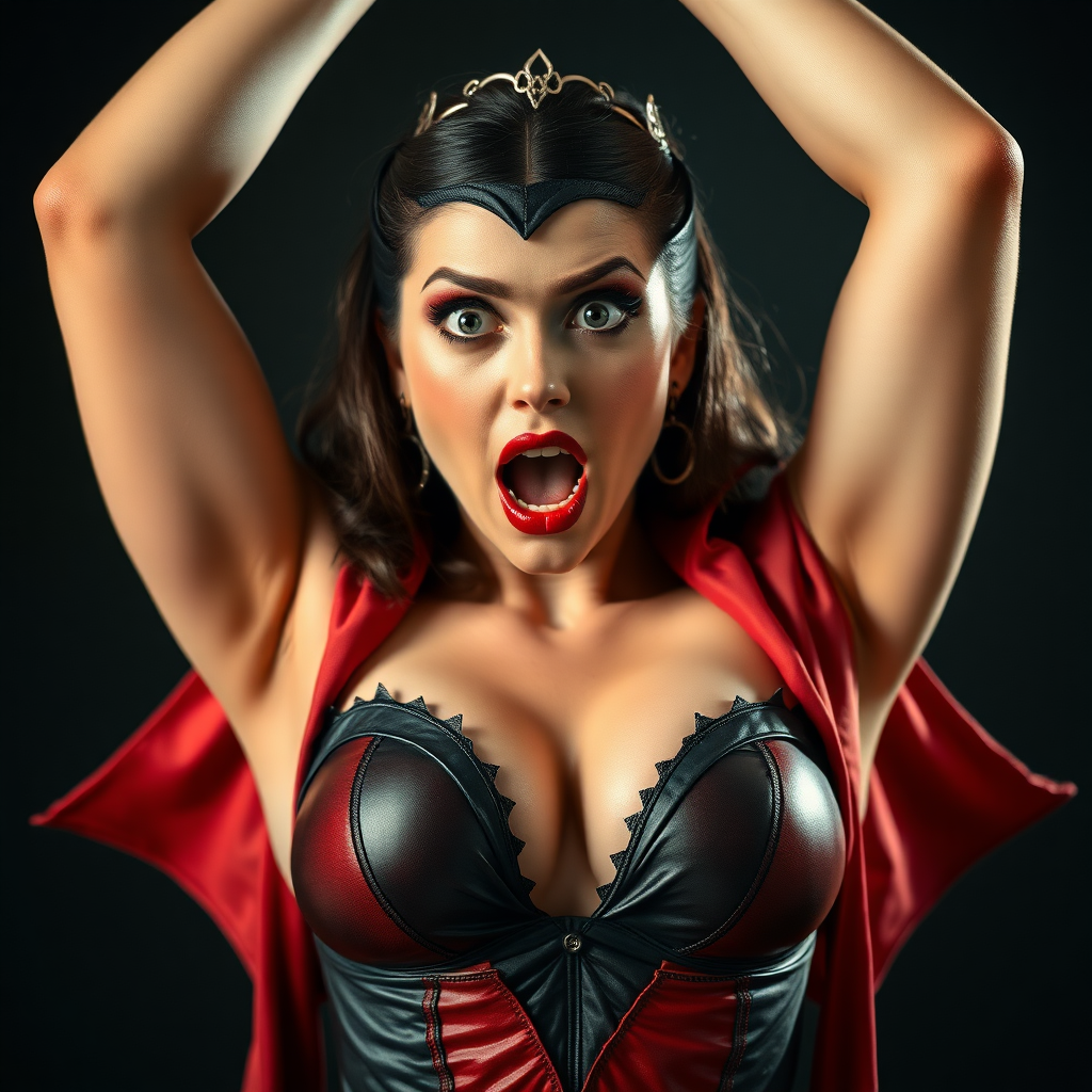 Vampirella arms up. her costume is ripped open. Shocked expression. DSLR