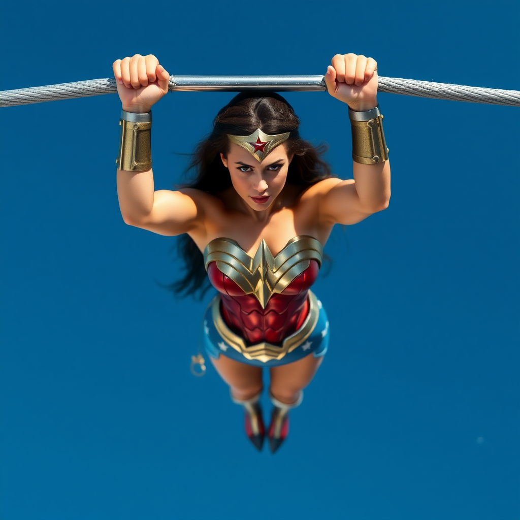 Create an image of Wonder Woman. She is hanging with both hands on a horizontal bar, with her arms extended over her head. The bar is suspended high above the ocean, and she is facing the viewer. The background consists of a vast expanse of sea, with nothing else visible on the horizon. HD DSLR Photo