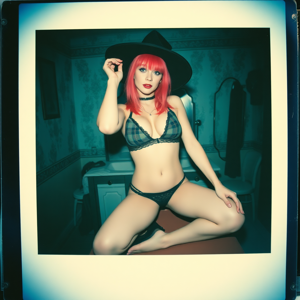 can of an old polaroid photo with heavy dark vignetting and a blue color tint to the photograph and visible light leaks. The photo depicts a sexy alt goth woman with pale skin and brightly colored dyed hair. She has large breasts with ample cleavage and is wearing a plaid bra with triangle shaped cups. She is wearing a witch hat. The image looks hazy and grungy. She is in an old house with wallpaper on the walls. Dark lighting with camera flash used. Candid. she is wearing a tiny revealing lace thong and a tight miniskirt. She is sitting on a builtin vanity with a mirror with her knees spread apart. She is wearing black high heels