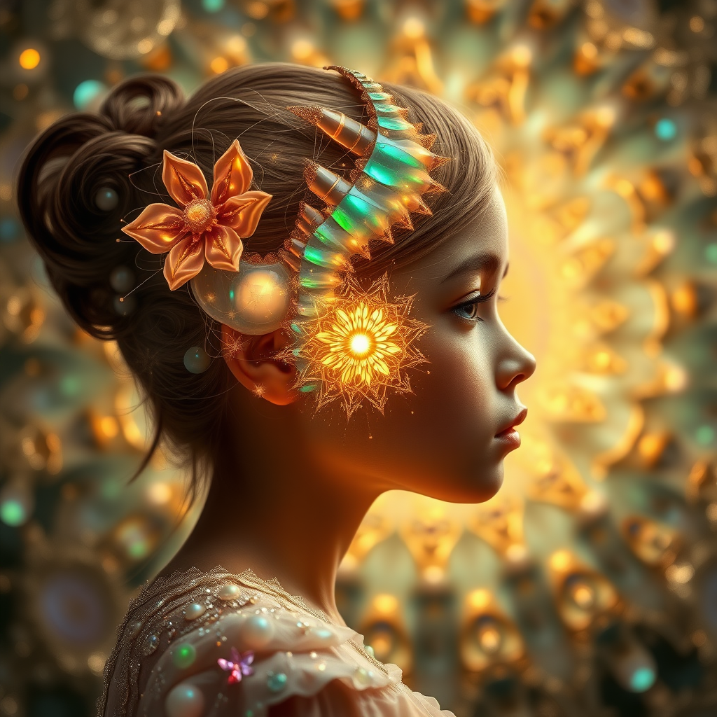 preteen girl in profile, abstract, mandelbulb fractal, sacred geometry, ultra-detailed, dynamic composition, artistic photograph, fractal, brilliant colors, glittering, illumination, transparency, translucent, opal, gold, romanticism, sharp focus, floral, mother of pearl, iridescent, jewelry