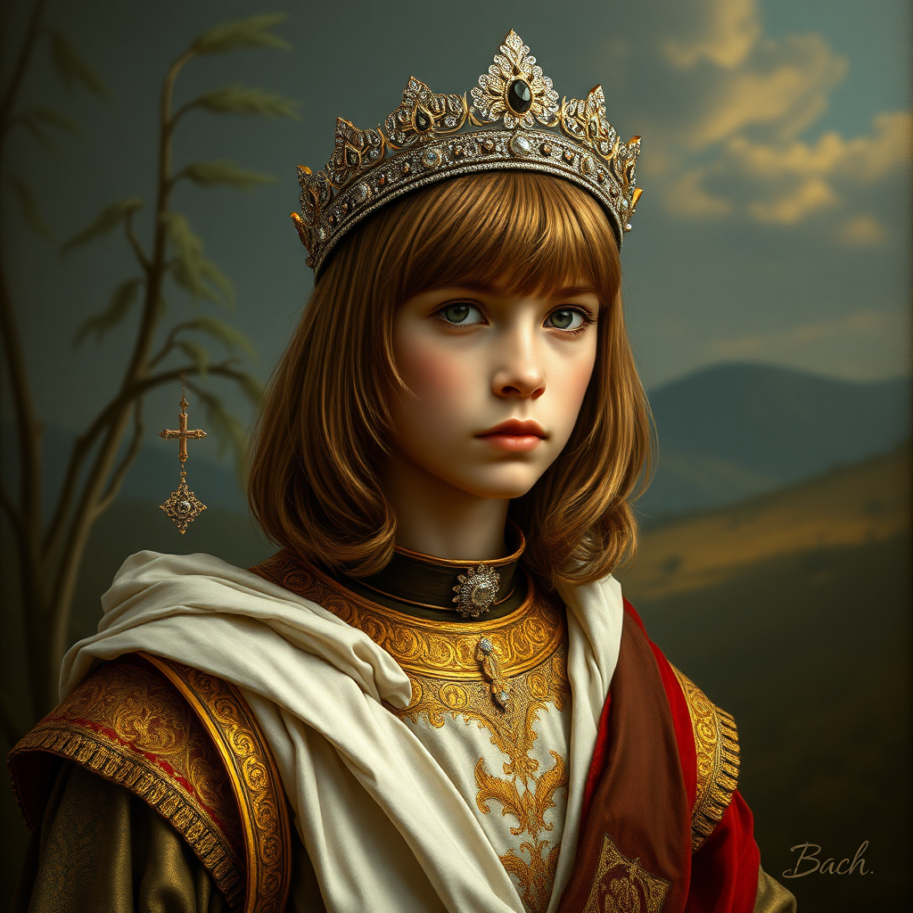 16yo teen boy prince, long bob cut, embroidered with gold and diamonds medieval cloths, diamond diadem, natural Skin Texture, and Beautiful War. Free style by 15% Adolphe William Bouguereau, Academic realism and 5% Sandro Botticelli, early Renaissance and 80% Otto Lomüller, Boy Scout photorealism. The background is in the style of landscape style by Antonio del Polaiolo, Generating the signature at the bottom: Viva FLUX and Bach, ultra high resolution, 16K,