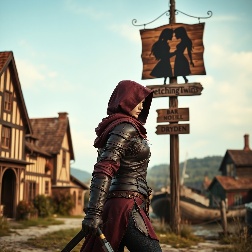 A wide distance shot of a female thief dressed in dark red leather armor and hood in a pastoral fantasy town. Manse in the background. She is fleeing from someone. Bar called "The Fetching Twins" wooden sign (consisting of a silhouette of two women leaning together for a kiss). Village of Dryden, dock with a run down ship.