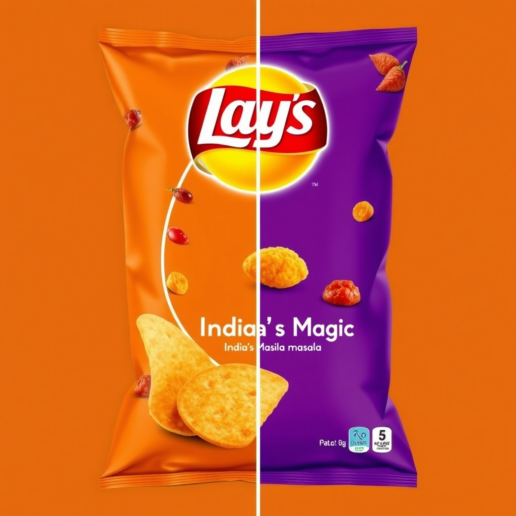 Redesign of Lays chips India's magic masala packaging features Indian spices with the Lays logo. The simple design eliminates patchy clips, and "India's Masala Magic" is written on it.