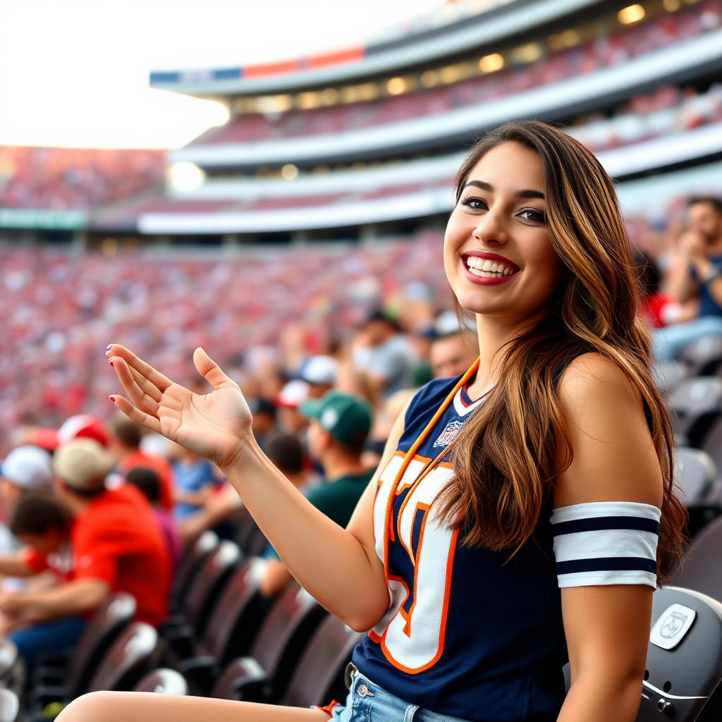 Attractive female NFL fan, in stadium bleacher row, cheering