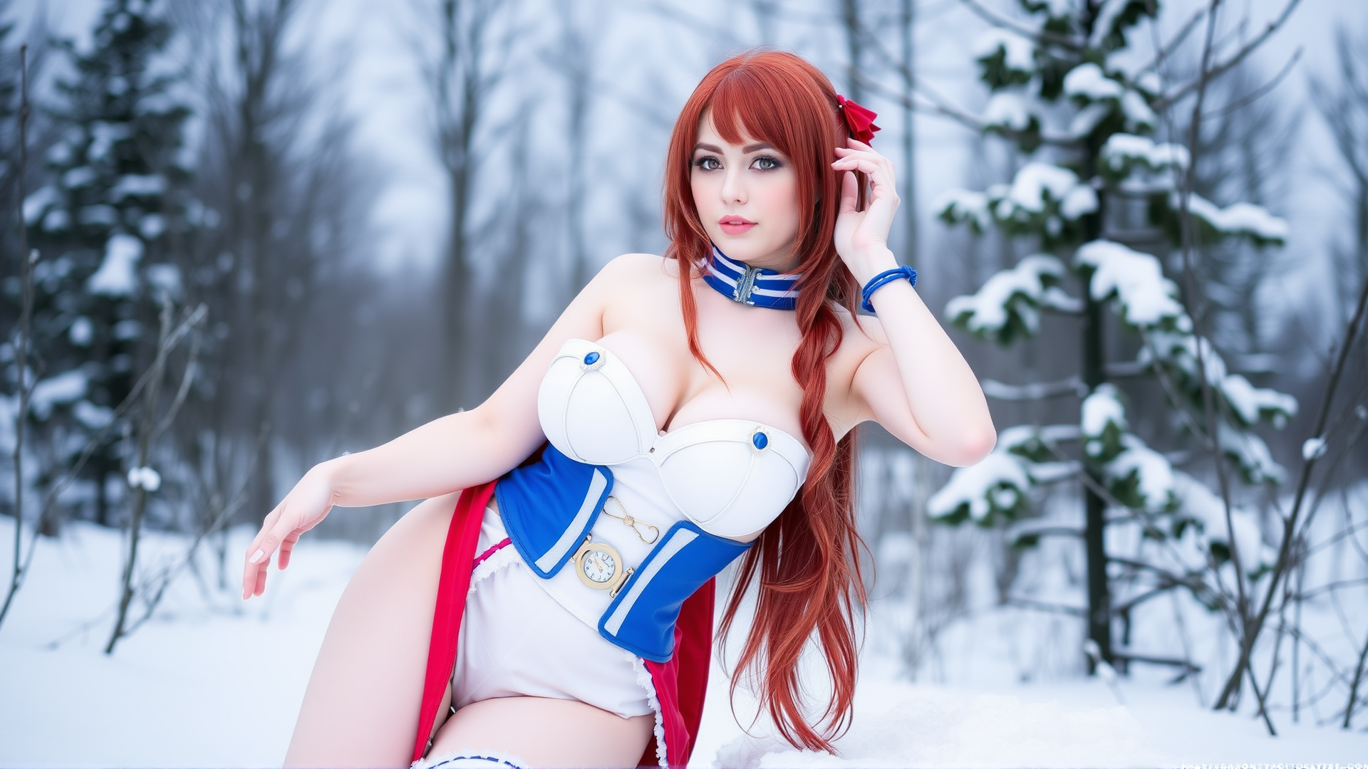 photo,1 russian beautiful girl,huge breasts,slim,white skin,full body,outdoor,snow,cosplay