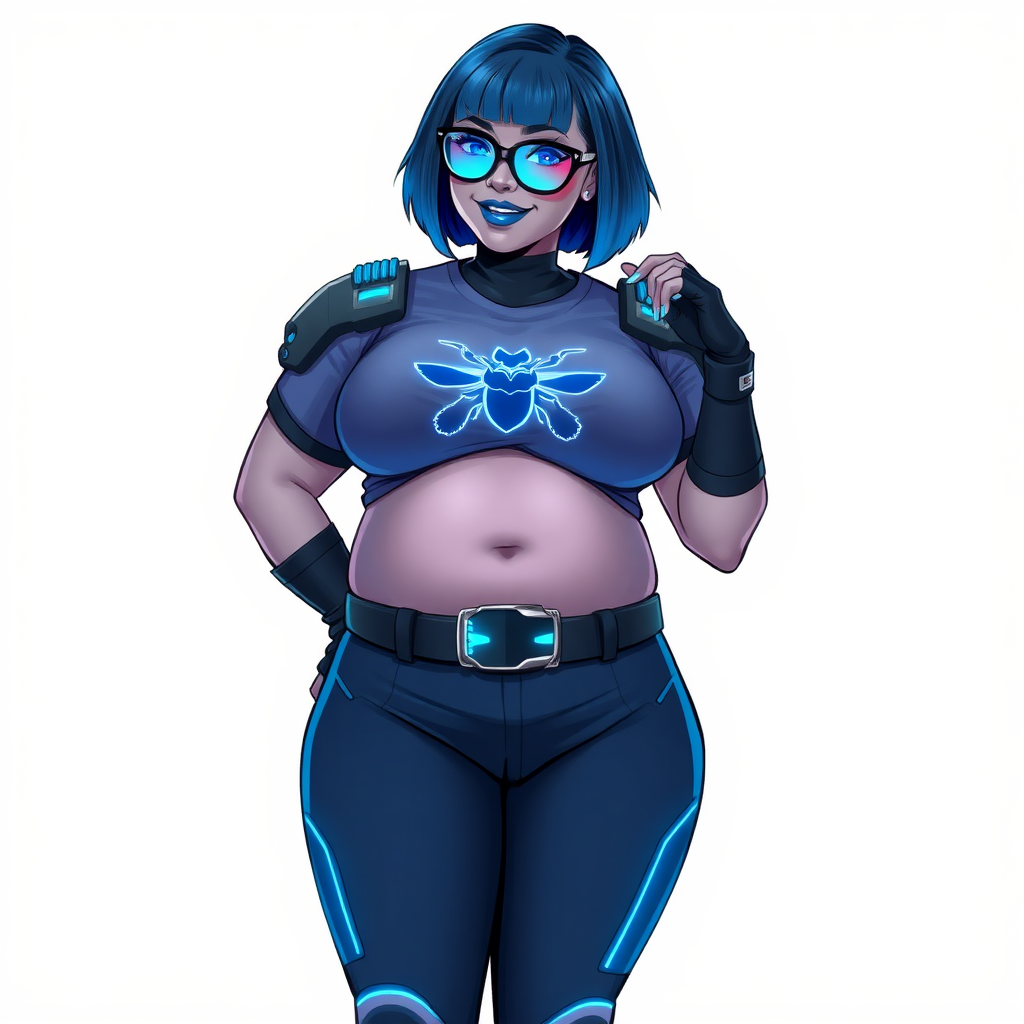 A 28-year-old, full-figured, middle gray skinned computer program hybrid with a maximum blue bob cut. She has a non-athletic, full-figured build, highlighted by a prominent, round, large midsection (with full emphasis on her large belly). As the full-figured, nerdy, digital sidekick to her cyberpunk vigilante boyfriend, her middle gray metallic skin and maximum blue lipstick emphasize her digital nature. She wears a digital, computerized costume inspired by DC’s Carrie Kelly Robin, consisting of a huge, tight-fitting, maximum blue t-shirt with a neon blue glowing chest icon of a beetle, hi-tech shoulder pads with neon blue accents, a black hi-tech belt with a digital neon blue glowing buckle, digital maximum blue pants with neon blue accents, and black hi-tech fingerless biker gloves with neon blue glowing accents. Her bright blue eyes, black eyeglasses with a neon glowing blue lenses with built-in HUD, and shy smile with neon red blush accentuate her nerdiness. She stands bashfully with one hand behind her back and the other hand gently touching her cheek, her costume covering all her skin and emphasizing her full-figured physique (especially her belly). She is clearly non-athletic, with a heavy focus on her large belly. Despite her build, she radiates beauty. She has a slim face compared to her physique, accentuating her radiant beauty. She is on a solid white background. She is drawn as if she were in a retro 2D cyberpunk fighting game.