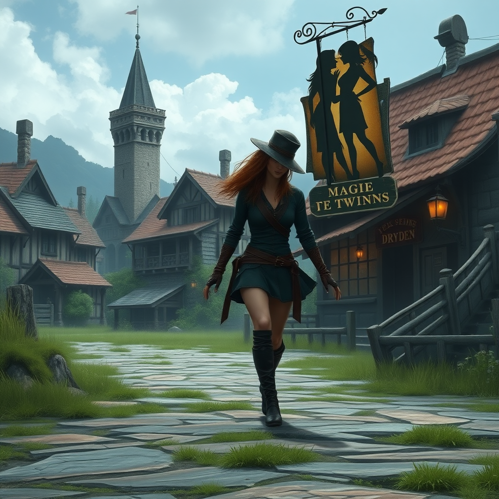 A wide distance shot of a female thief in a pastoral fantasy town. Mage tower in the background. She is fleeing from someone. Bar called "The Fetching Twins" sign (consisting of a silhouette of two women leaning together for a kiss). Village of Dryden, dock with a run down ship.