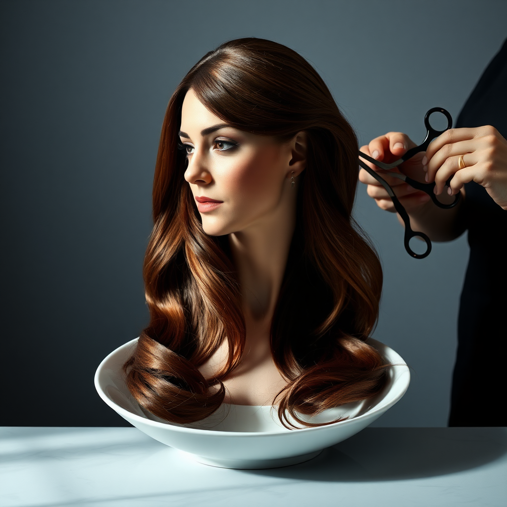 In a strikingly surreal scene, a beautifully crafted porcelain plate holds the disembodied head of a graceful Kate Middleton, her long, flowing hair cascading around like a luxurious waterfall of silky strands, shimmering in various shades of deep chestnut. Each hair seems to catch the light, creating an almost ethereal glow. Nearby, a meticulous hairdresser, dressed in a sleek black apron, carefully snips away at Kate's locks with precision scissors, their actions fluid and deliberate, emphasizing the delicate artistry of the moment.

The setting boasts minimalist decor, with a plain gray background that heightens the focus on this bizarre tableau. Soft shadows play across the smooth surface of the plate, enhancing the haunting beauty of Kate's serene expression, which conveys both elegance and an uncanny sense of stillness. The atmosphere is a blend of surreal calm and unsettling intrigue, pulling the viewer into a dreamlike space where reality and imagination intertwine. Gentle noises of scissors softly clipping away hair are the only sounds in this peculiar yet captivating scenario, heightening the tension and drawing viewers into this striking juxtaposition of beauty and the bizarre.