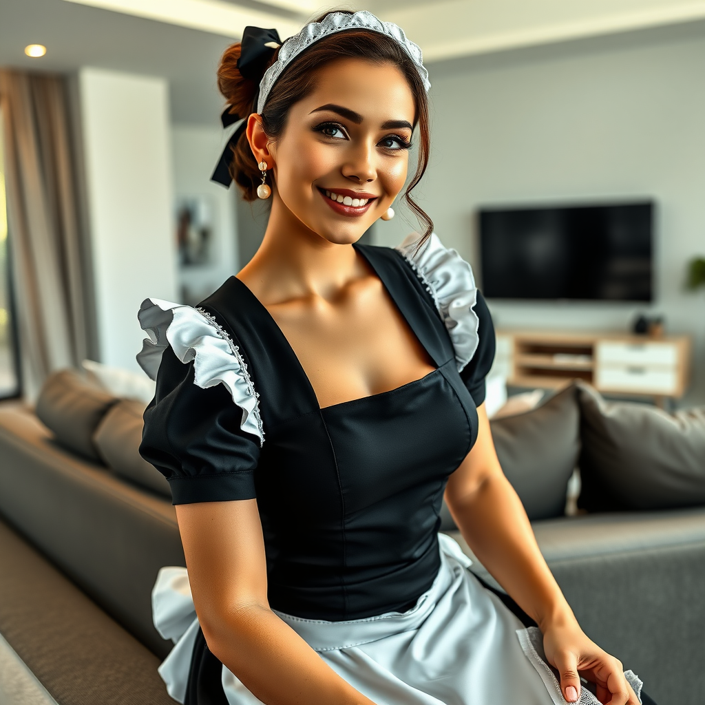 High-resolution, photorealistic portrait of a beautiful woman in a classic black and white maid outfit. Ultra-detailed textures and natural lighting bring out the lifelike colors and realistic shadows on her attire. Captured with a Nikon D850 full-frame sensor, the image features a soft bokeh effect in the background and dynamic posing, with her expressive face showing a warm smile. Visible veins on the back of her hands, showing natural anatomy. Soft shadowing under her lower lip, enhancing natural form. Realistic light reflection on her glossy lips, showing shine and texture. Delicate, natural creases around her eyes and mouth. Slightly raised veins visible on the inside of her wrists.

Elegant maid uniform with a lace-trimmed dress, long apron, ribbon headband, and pearl earrings. Contemporary living room with a large sectional sofa, a media center, and minimalist decor.

Sitting on the edge of a sofa, arranging cushions with a gentle smile.