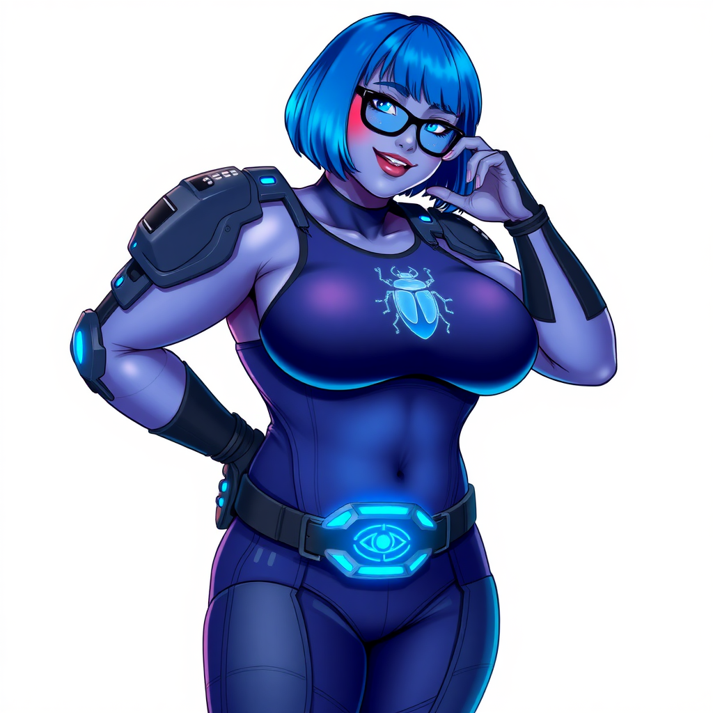 A 28-year-old, full-figured, metallic maximum blue (5PB 5/10) skinned computer program hybrid with a maximum blue bob cut. She has a non-athletic build, highlighted by a prominent, round, large midsection (with a full emphasis on her large belly), which shows the effects of her love of junk food acquired from her boyfriend. As the full-figured, nerdy, digital sidekick to her cyberpunk vigilante boyfriend, her metallic maximum blue skin and maximum blue lipstick (5PB 5/12) emphasize her digital nature. Her skin has a subtle, animated glow, with digital patterns occasionally flickering across it, making her digital nature obvious. She wears a digital, computerized costume, consisting of a huge, tight-fitting, maximum blue tank top (5PB 5/10) with a neon blue glowing chest icon of a beetle, hi-tech shoulder pads with neon blue accents, a black hi-tech belt with a digital neon blue glowing buckle, digital maximum blue pants (5PB 5/12) with neon blue accents, and black hi-tech fingerless biker gloves with neon blue glowing accents. Her neon blue glowing eyes, black eyeglasses with neon blue glowing lenses equipped with a built-in HUD, and bashful smile with neon red blush accentuate her nerdiness. She stands bashfully with one hand behind her back and the other hand gently touching her cheek, her costume covering all her skin and fully emphasizing her full-figured physique (especially her belly). She is clearly non-athletic, with a focus on her full-figured physique. Despite her build, she radiates beauty. She has a slim face compared to her physique, accentuating her radiant beauty. She is on a solid white background. She is drawn as if she were in a retro 2D cyberpunk fighting game. Ensure her skin has a maximum blue (5PB 5/10) skin tone.