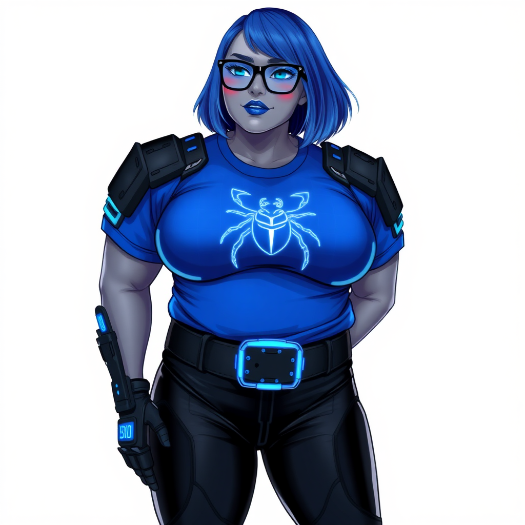 A 28-year-old, full-figured, middle gray skinned computer program hybrid with a maximum blue bob cut. She has a non-athletic build, highlighted by a prominent, round, midsection (with emphasis on her belly), which is the aftermath of pampering. As the heavily pampered digital sidekick to her cyberpunk vigilante boyfriend, her middle gray metallic skin and maximum blue lipstick emphasize her digital nature. She wears a digital, computerized costume consisting of a huge, tight-fitting, maximum blue t-shirt with a neon blue glowing chest icon of a beetle, hi-tech shoulder pads with neon blue accents, a black hi-tech belt with a digital neon blue glowing buckle, digital black biker pants with neon blue accents, and black hi-tech gloves with neon blue glowing accents. Her neon blue glowing eyes, black eyeglasses with a neon blue glowing HUD built in its lenses, and shy smile with neon red blush accentuate her nerdiness. She stands bashfully with her hands behind her back, her costume covering all her skin and emphasizing her full-figured physique (especially her belly). She is clearly non-athletic, with a focus on her full-figured physique. Despite her build, she radiates beauty. She has a slim face compared to her physique, accentuating her radiant beauty. She is on a solid white background. She is drawn as if she was in a retro 2D cyberpunk fighting game.