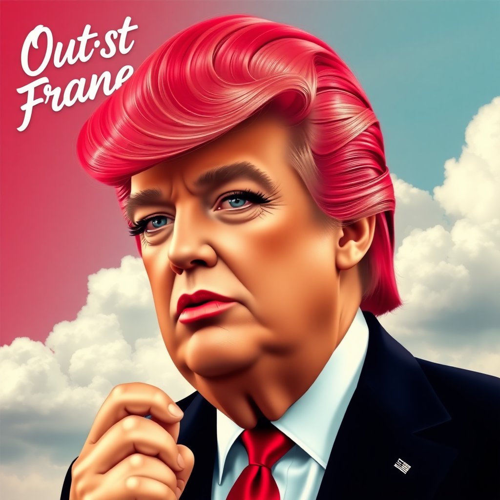 Donald Trump as a Drag Queen with brushing, eyeliners and velvet gloss. 'Ouest France' is written with clouds in the background.