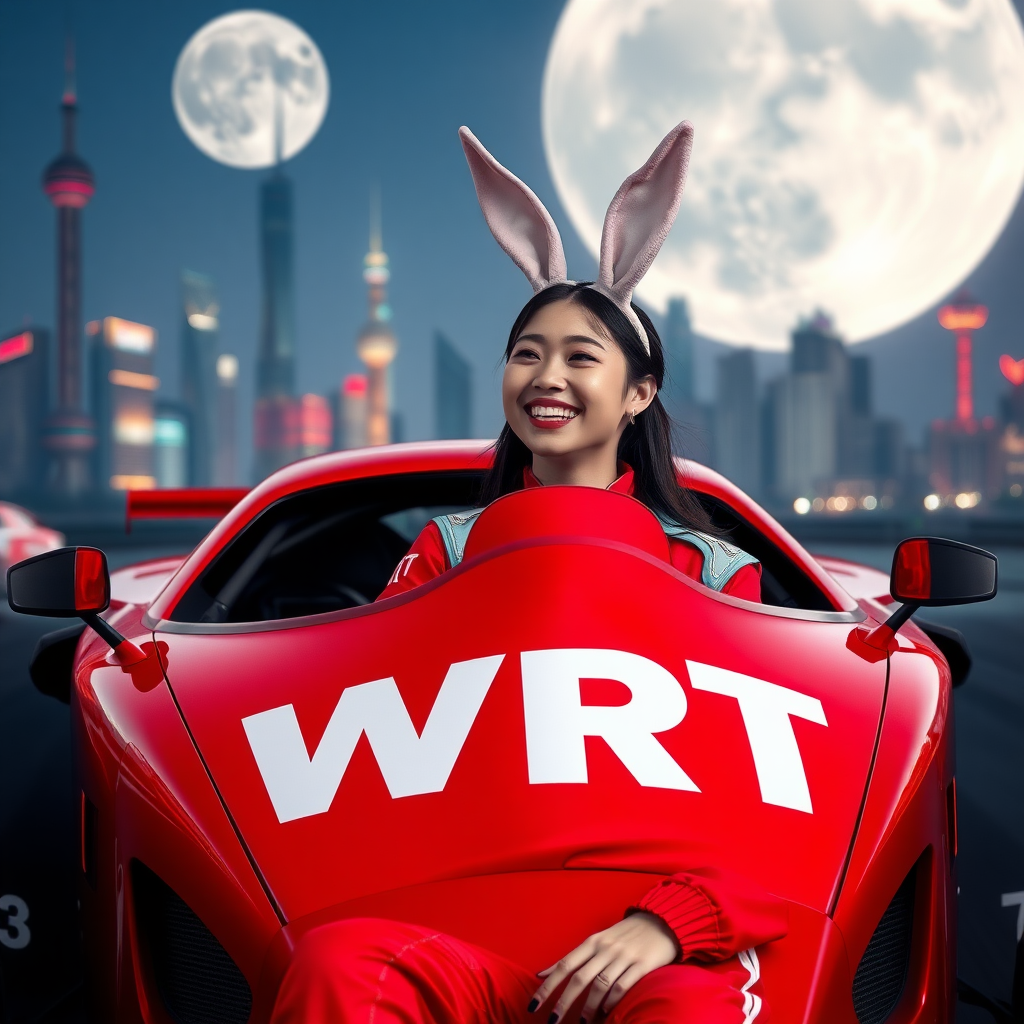 A red racing car bears only the letters WRT, while a Chinese beauty racer with rabbit ears on her head sits in the car, laughing. The red racing suit also features only the letters WRT, with a backdrop of Shanghai's night view and a giant moon.