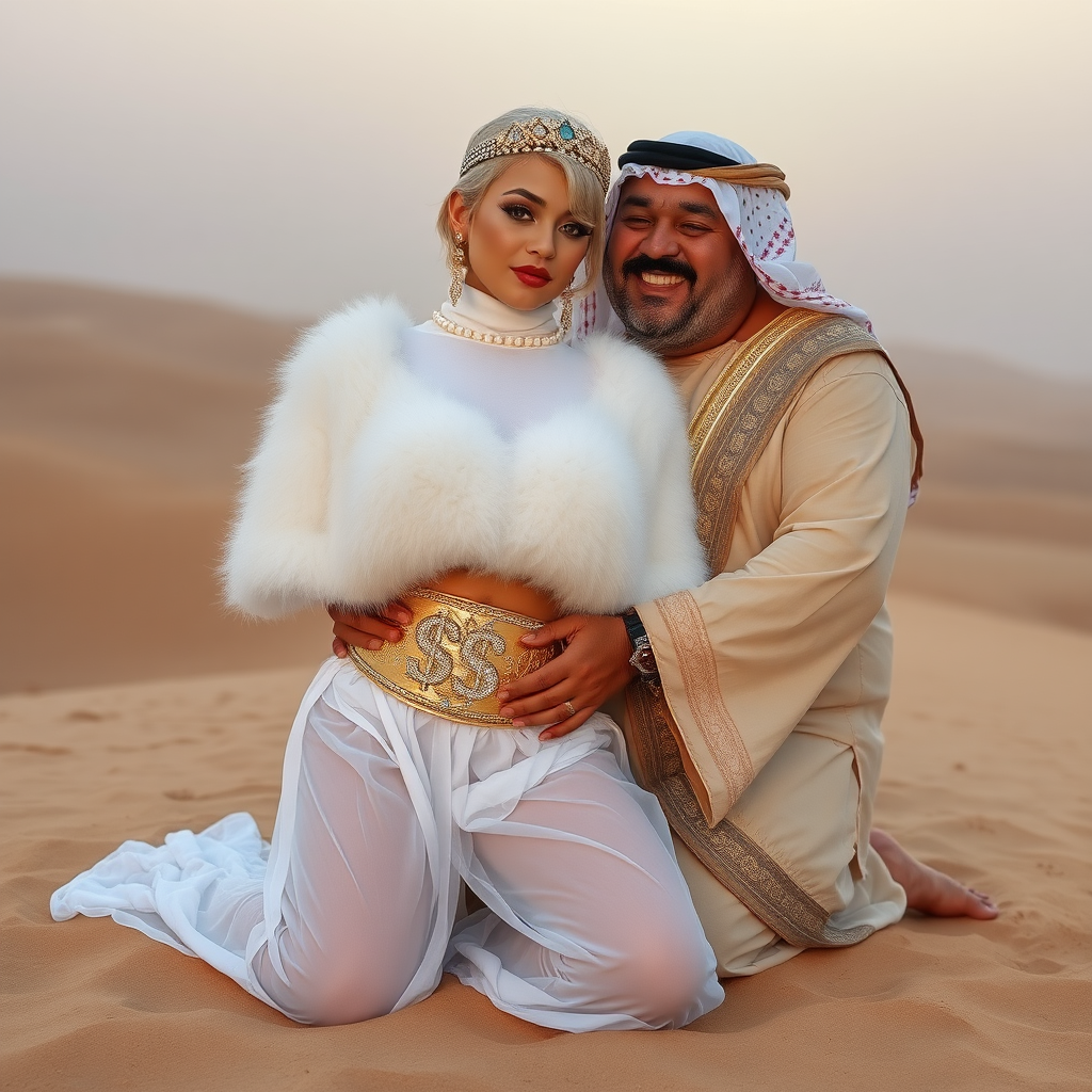 Kuwait desert dunes misty dawn: Melissa, European 17 years old very convincing femboy “trophy-bimbo”, tamed servile docile, very beautiful feminine flawless face, rather short boyish figure, platinum blond short tight curls, bold red lips, heavily made-up face, wearing Supertanya-style fluffy very fuzzy bright white angora turtleneck-poncho cropped ending under bust decorated with pearls and gemstones, striking oriental wide gold bridal protection belt, white fully transparent harem pants, full Oriental bridal jewelry with striking headpiece, full Oriental face-jewelry, striking diamond “$$$” letter brooch on left chest, pout frustrated, hands tied behind back, kneeling in sand with older overweight mighty sheik laughing, devotedly embracing Melissa.