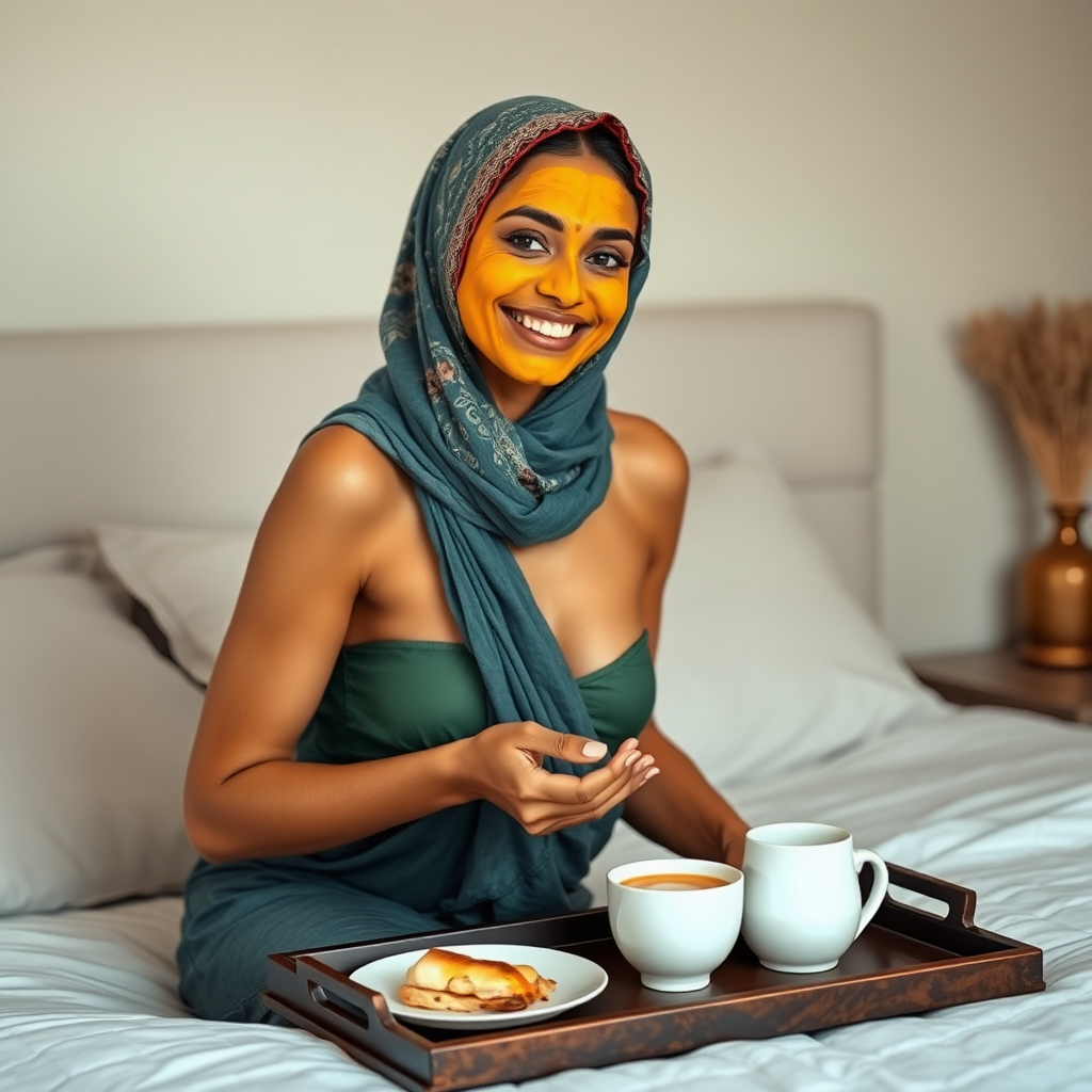 slim, 30 year old, sexy, indian wife, scarf head, turmeric face mask. She is smiling and serving breakfast on a tray on bedside table