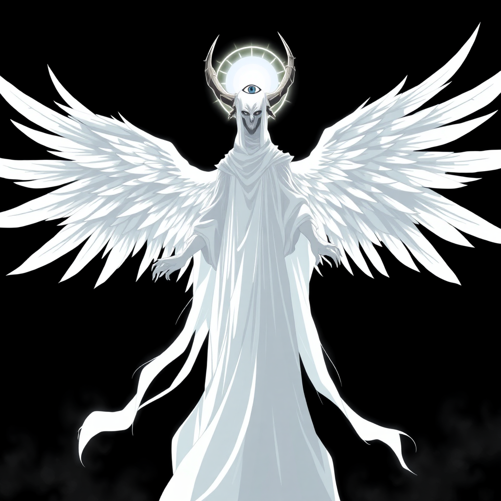 (Anime-styled art) Black background, the eerie figure of Yaldabaoth, the Demiurge, emerges in stark contrast. Towering and ghost-like, his form is tall and ethereal, a spectral white silhouette that seems to glow with an unsettling luminescence. His face is hidden beneath a strange and eerie circular light, radiant and blinding, with a single eye symbol hauntingly suspended within the glow. His head is crowned by four jagged, imposing horns, adding to his menacing yet angelic presence. Draped in flowing robes of white and black, Yaldabaoth's appearance straddles the line between celestial and terrifying. Four majestic angel wings unfurl from his back, their divine beauty twisted by the sinister aura that surrounds him. Floating effortlessly in mid-air, his entire form is visible—a full-body view as his arms extend outward, as if preparing to unleash a powerful, otherworldly force. His presence commands awe and fear, a terrifying blend of celestial grace and eerie malevolence.