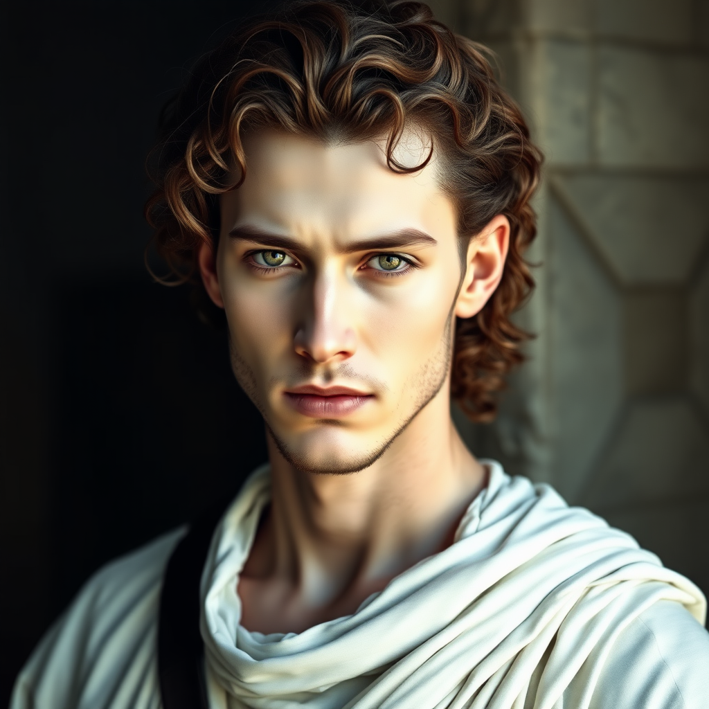 In the world of Vampire the Dark Ages, a man with very pale skin, extremely beautiful, dressed in a long white tunic. He must resemble a Greek from Antiquity, his hair is brown and curly, high definition, photorealistic, 16K.